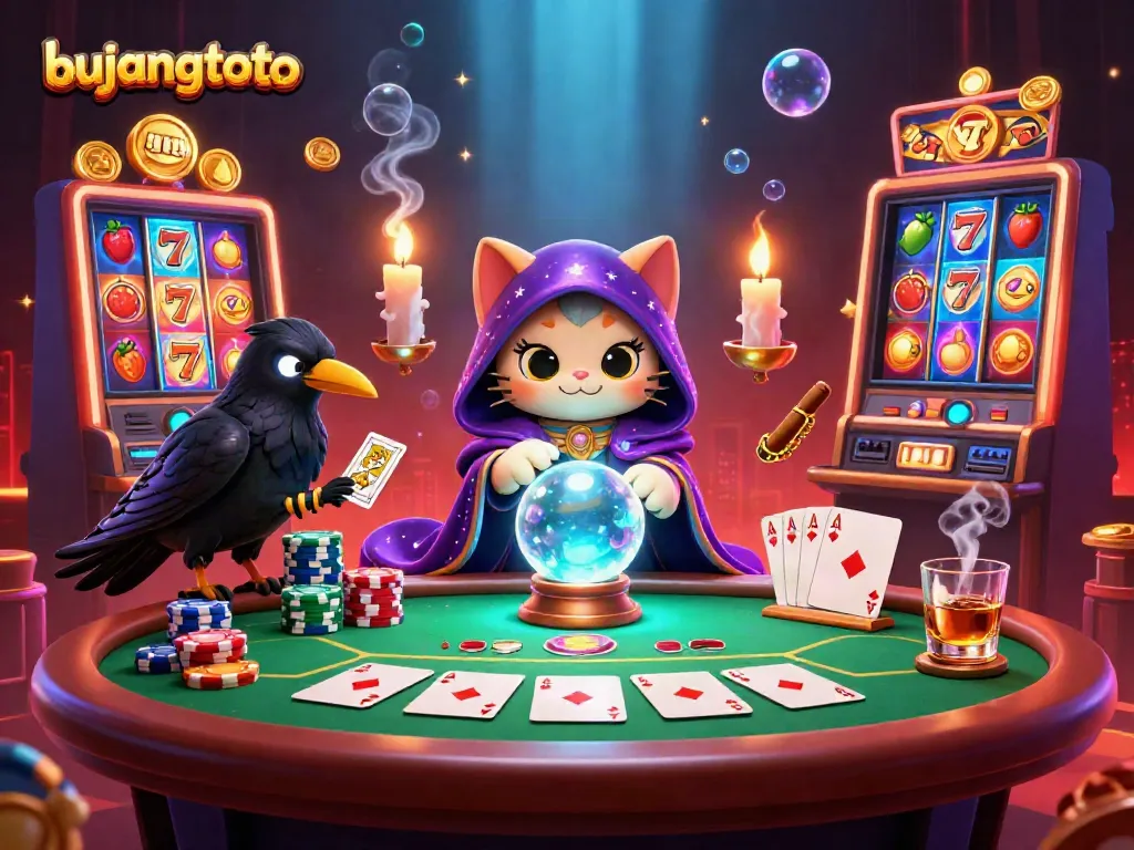 Bujangtoto casino scene with a fortune teller cat, tarot raven, and poker elements demonstrating vibrant game energy.