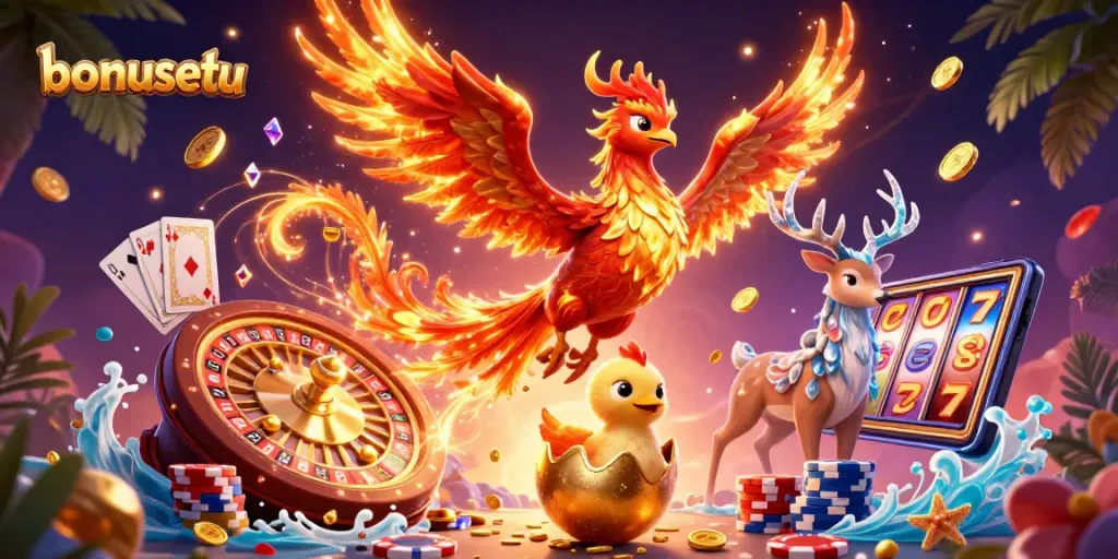Experience the thrill of the casino with bonusetu, featuring a phoenix and vibrant gaming elements.