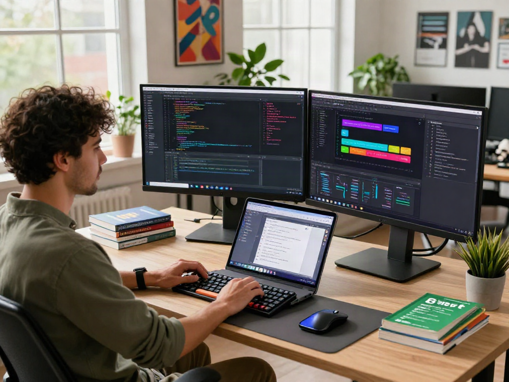 Software developer using Pikashow to create applications in a modern tech workspace with dual monitors and design tools.