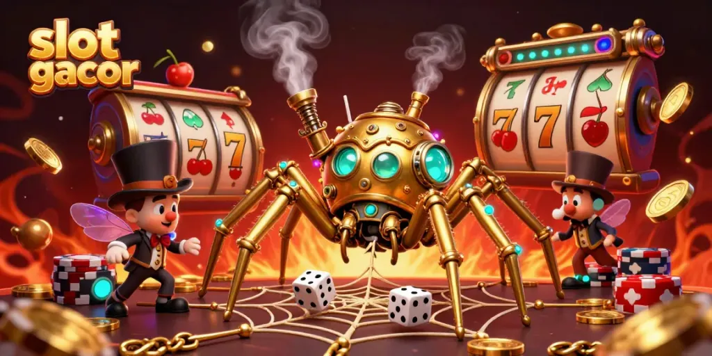 Experience thrilling slot gacor action with a steampunk spider ensnaring dice and golden chains.