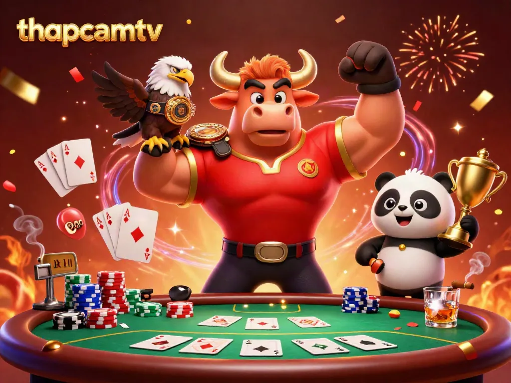 Experience thrilling betting action on thapcamtv with champions and trophies celebrating at a lively poker table.