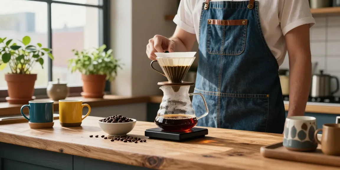 Discover www.ebbfilter.com upcycled denim aprons in cozy urban kitchen brewing pourover coffee.