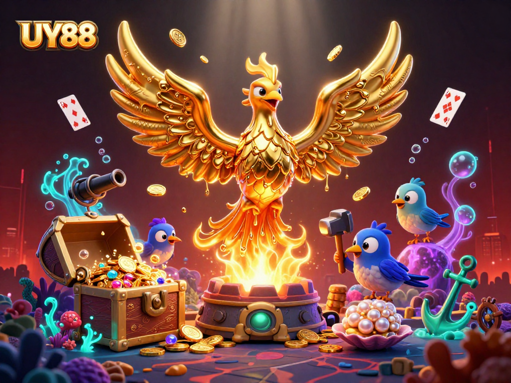 Experience thrilling wins at UY88 with a golden phoenix amidst treasure-filled underwater adventure.