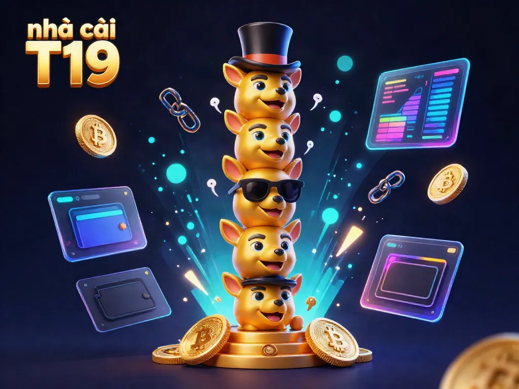 Experience the thrill of nhà cái T19 with a vibrant casino-themed illustration featuring a totem pole and crypto elements.