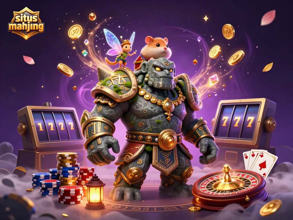 Engage in situs mahjong with a magical scene of a golem and fairy amidst spinning coins and poker chips.
