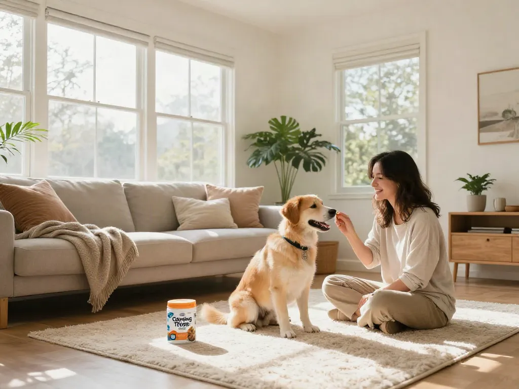 Calming Dog Treats enhancing wellness for pets, dog enjoying a treat in a serene living room with natural light, wellness atmosphere.