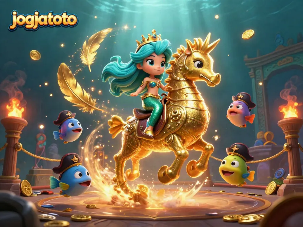 Engage with jogjatoto featuring a vibrant 3D scene of a mermaid princess, seahorse, and colorful fish in a dynamic casino theme.