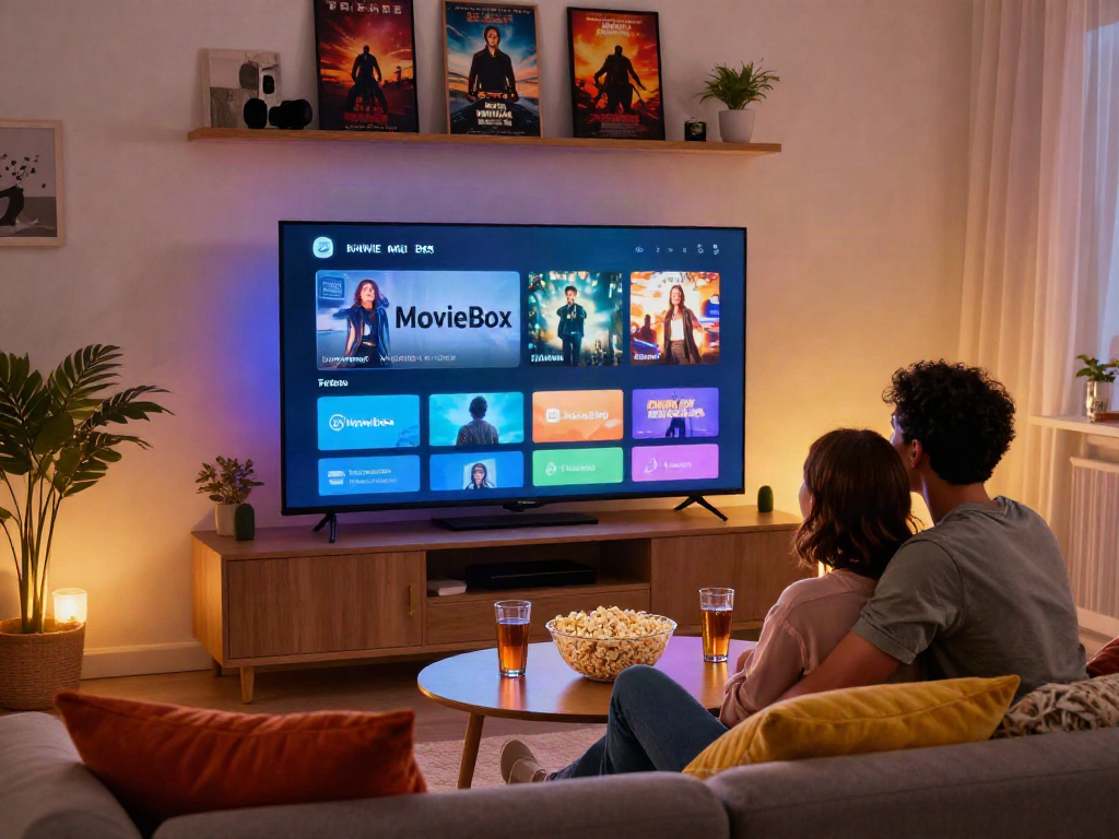 Couple streaming movies on Moviebox app in a cozy living room setup.