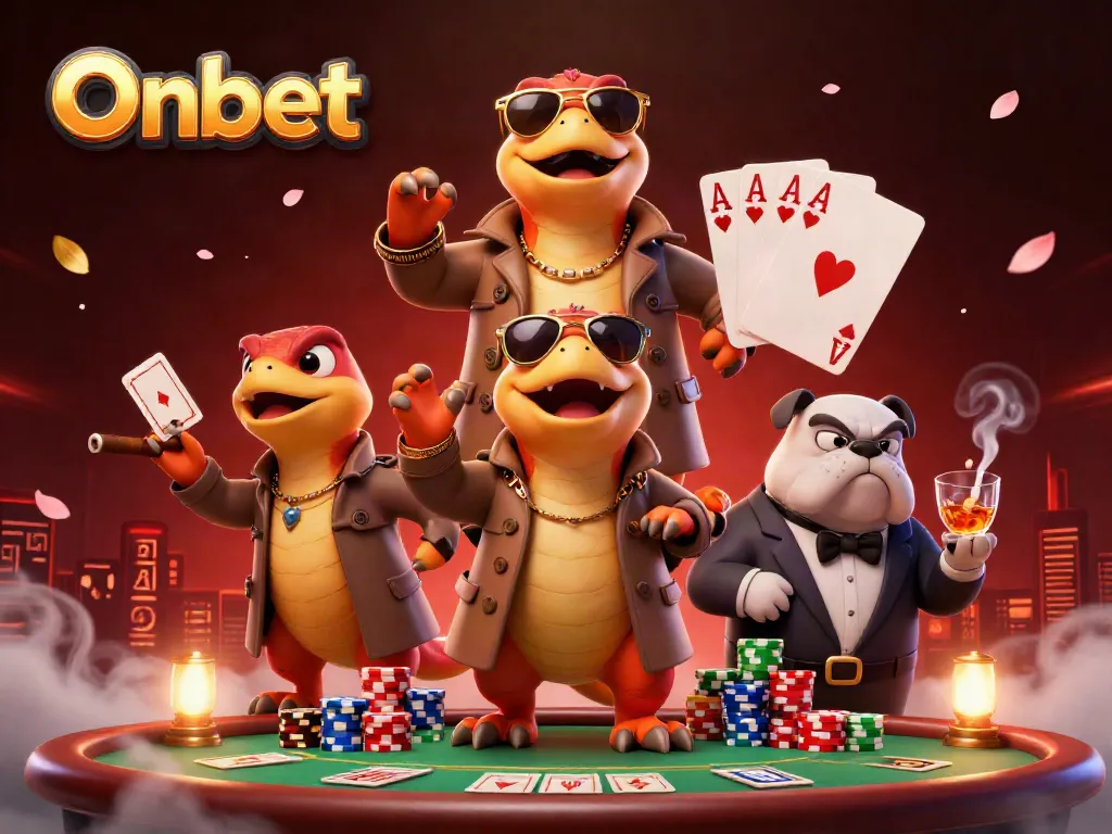 Onbet raptors seek entry to a VIP casino, surrounded by poker elements and vibrant details.