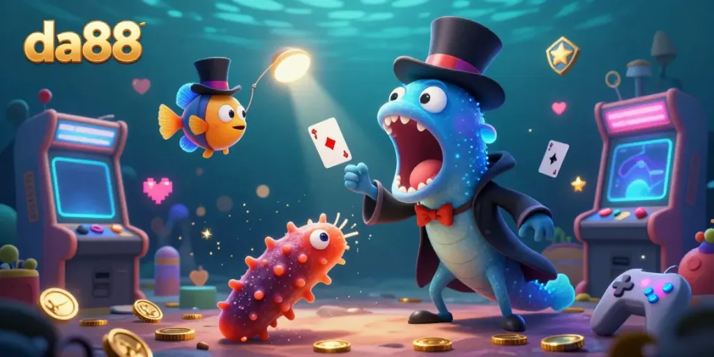 Join the thrilling world of da88, with vibrant underwater casino action and glowing game elements.