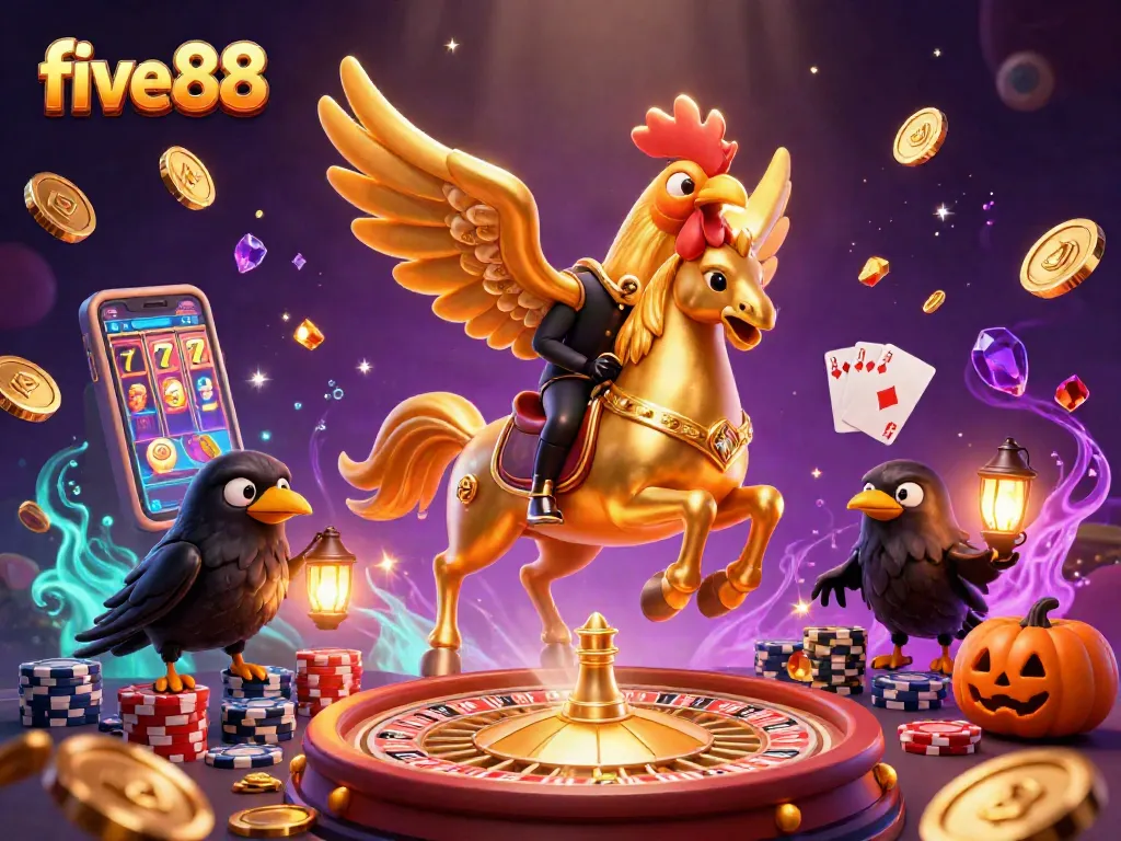 Experience the excitement of five88 in a vibrant casino scene with golden rooster and treasure.
