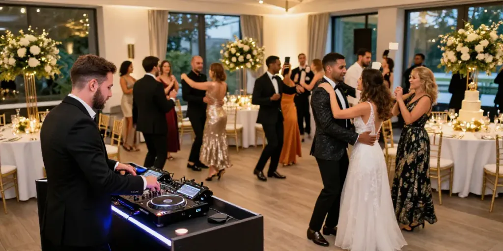 hochzeit DJ berlin brandenburg lively wedding reception with DJ, dancing guests, and elegant decorations