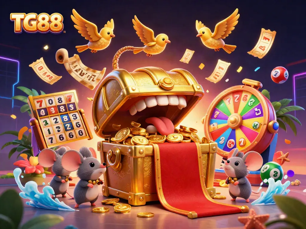 Play thrilling casino games at TG88, featuring exciting slot reels and rich treasure elements.