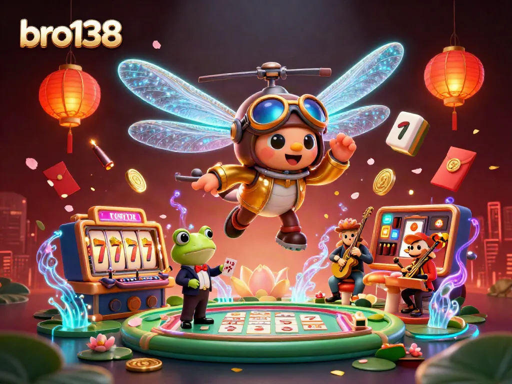 Experience thrilling slots and exciting gameplay with bro138 at the vibrant lily pad casino illustration.