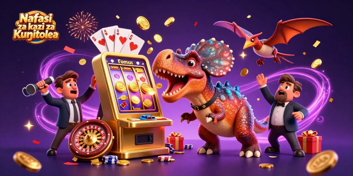 Nafasi za kazi za Kujitolea illustration with a dinosaur, slot machine, and vibrant casino elements.