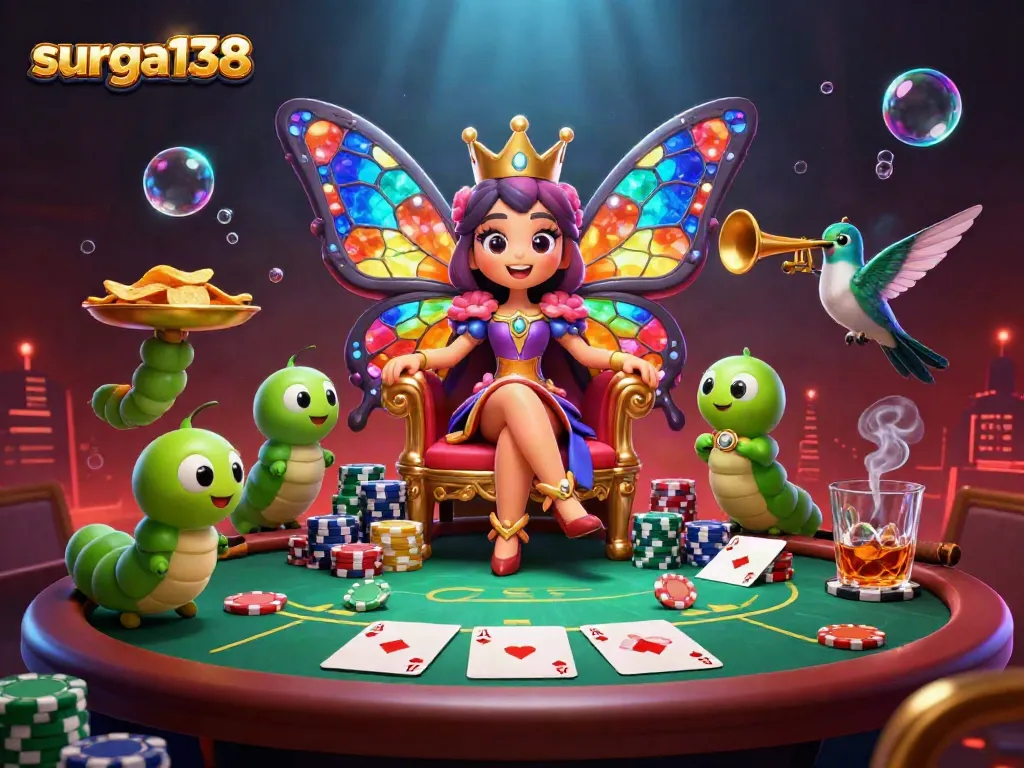 Permainan surga138 menampilkan ratu kupu-kupu dengan sayap warna-warni di meja poker yang dikelilingi ceria.