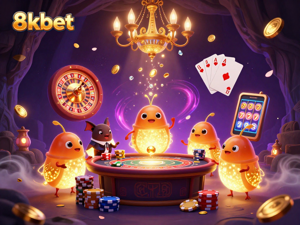 Engage with 8kbet's vibrant cave casino illuminated by glowworms and bat dealer.