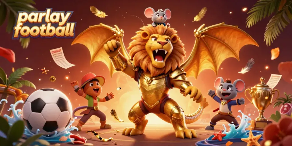 Engage in thrilling parlay football betting with a dynamic 3D scene showcasing roaring chimera and sports elements.