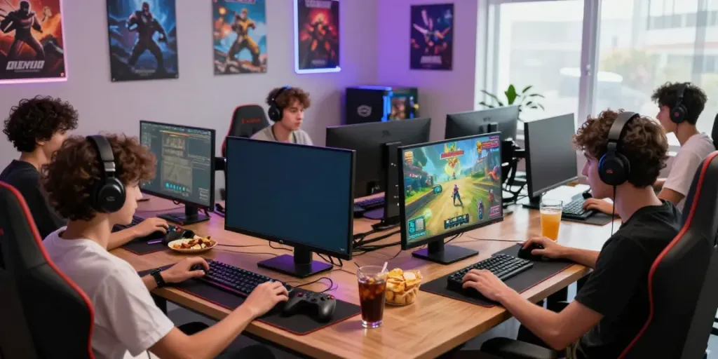 Players enjoying game online with vibrant displays and cozy gaming setup.