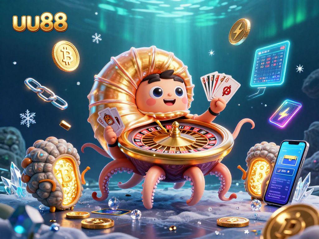 uu88 showcases an engaging 3D illustration of a nautilus roulette wheel encircled by crypto elements.