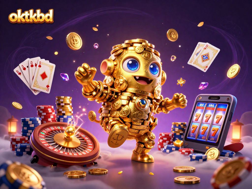 Enhance your gameplay with oktkbd featuring a 3D golden golem amidst dynamic casino elements.