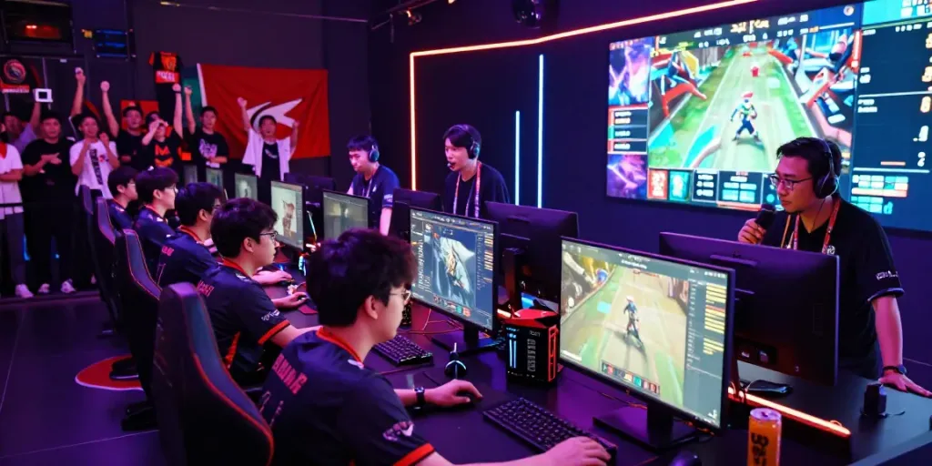 Live esports event featuring competitive gamers and vibrant atmosphere with qqmacan branding elements.