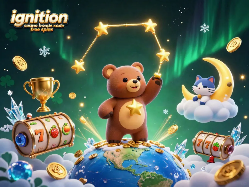 Win with ignition casino bonus code free spins in this vibrant 3D casino illustration showcasing fun characters and slot elements.