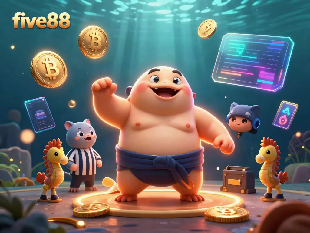 Experience the excitement of five88 with this vibrant underwater casino illustration featuring a sumo fugu!