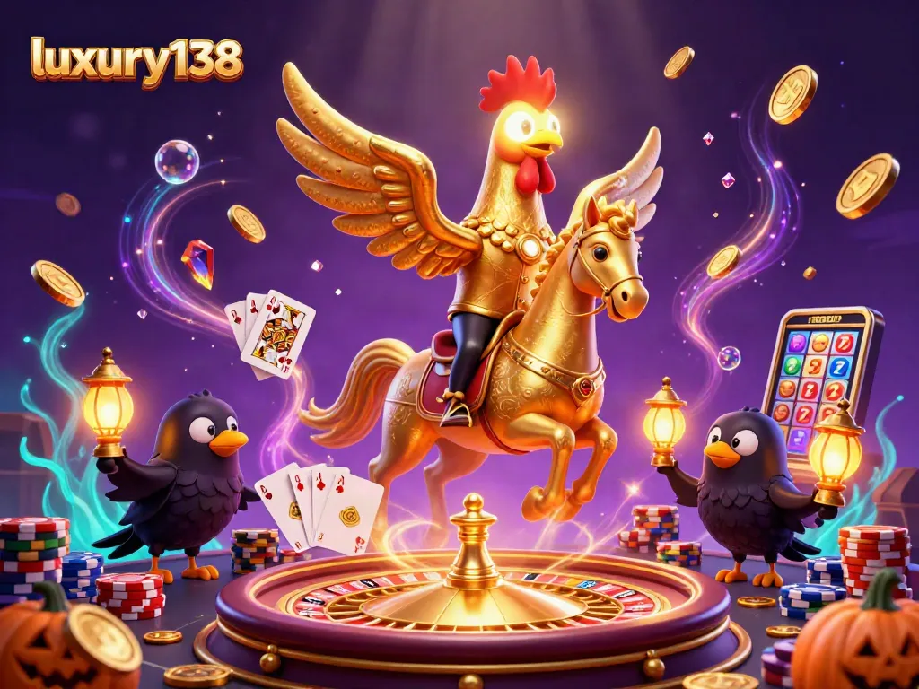 Experience luxury138 thrills with a dynamic scene featuring golden rooster and casino elements.