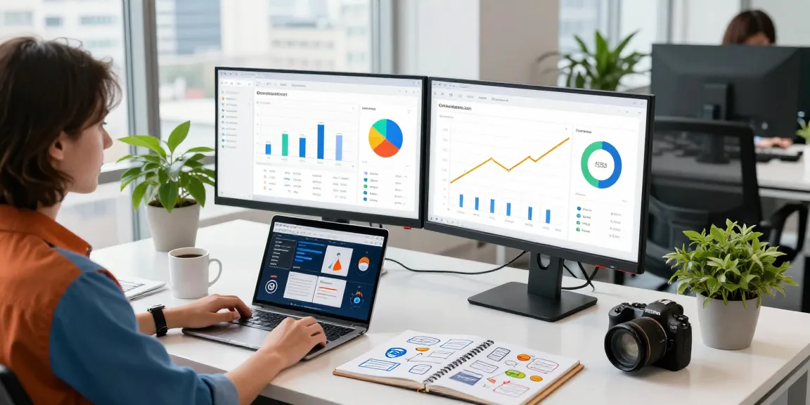 Buy iOS installs analysis in a vibrant office with app marketing metrics displayed on screens.