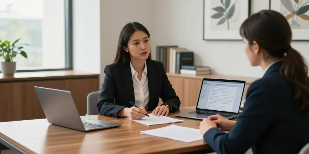 Karen McCleave GTA engaged in a legal consultation with a client in a modern office.