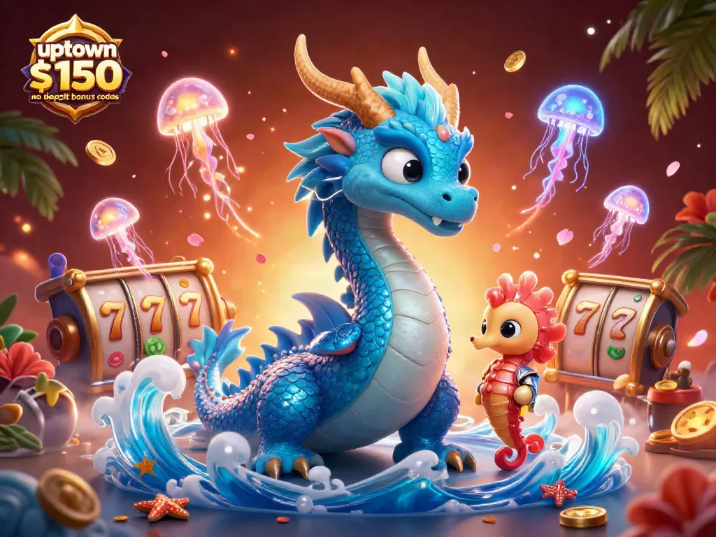 Engage with uptown aces $150 no deposit bonus codes while enjoying a vibrant fantasy illustration of dragons and seahorse knights.