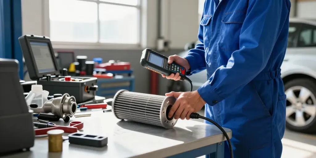 Mechaniker reinigt DPF in der Automobilwerkstatt mit Werkzeugen und Licht.