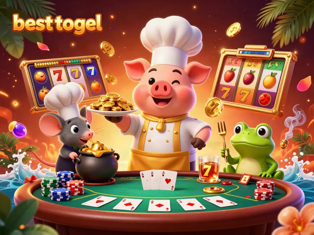 Besttogel menghadirkan suasana kasino dengan karakter menggemaskan dan koin emas yang menarik.