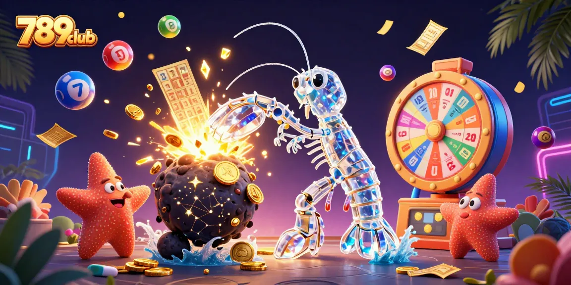 Engage with 789club's vibrant gaming world, featuring a galactic shrimp and starfish surrounded by dynamic lottery elements.