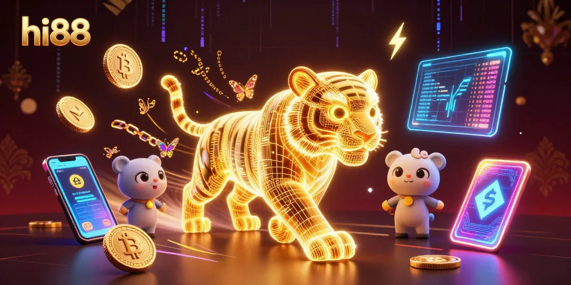 Engage with hi88's vibrant casino experience featuring a golden tiger and crypto elements.