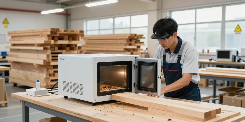 Shashel® technician using microwave device for effective wood pest elimination in a modern workshop.