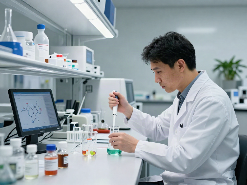 Scientist synthesizing american made peptides in a modern lab.