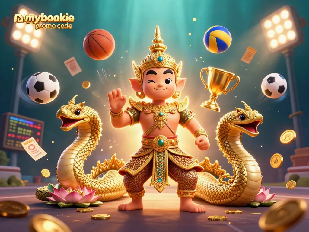 Claim exciting offers with mybookie promo code, featuring dynamic sports elements and rich 3D visuals.