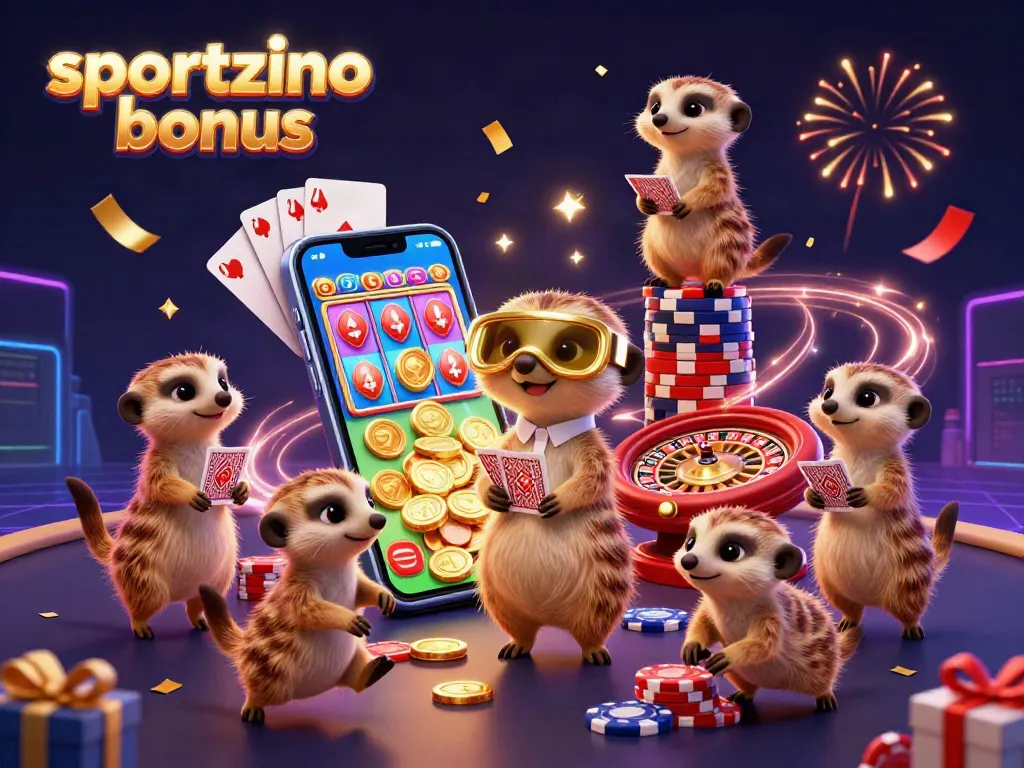 Engage with the exciting sportzino bonus while meerkats run a lively casino operation, showcasing vibrant casino elements.
