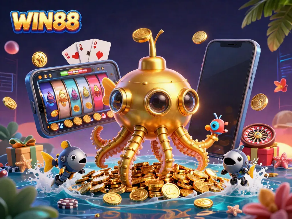 Experience vibrant gaming at WIN88 with a kraken submarine and golden coins in this 3D illustration.