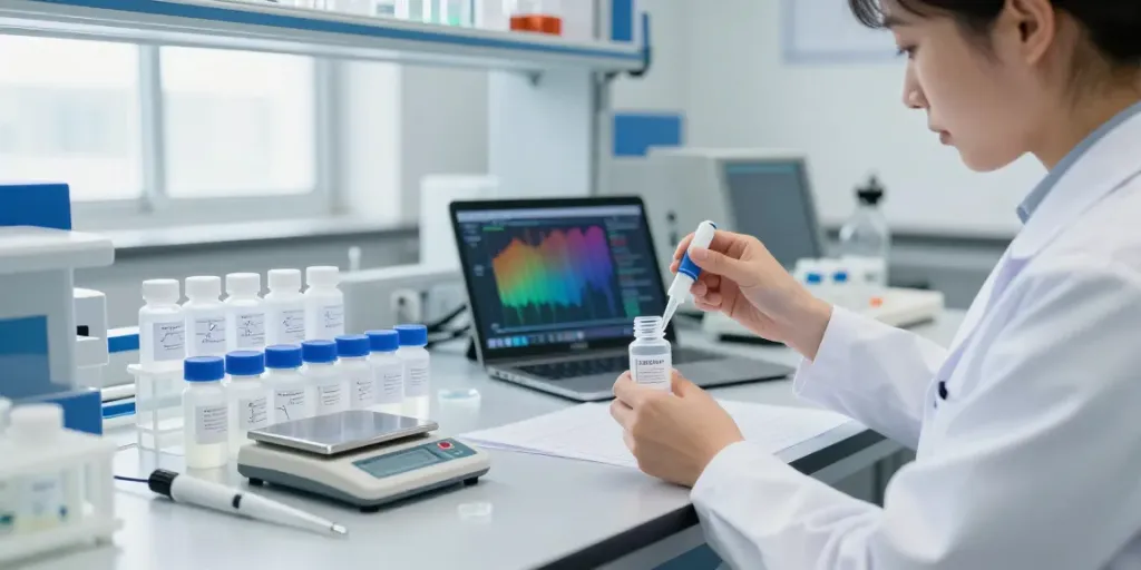Researcher analyzing mg peptides in a modern lab setting with vials and analytical tools.