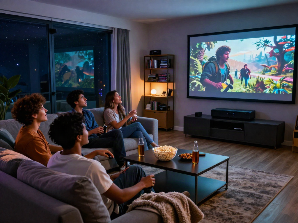 Friends enjoying a movie night with Moviebox in their cozy home theater.