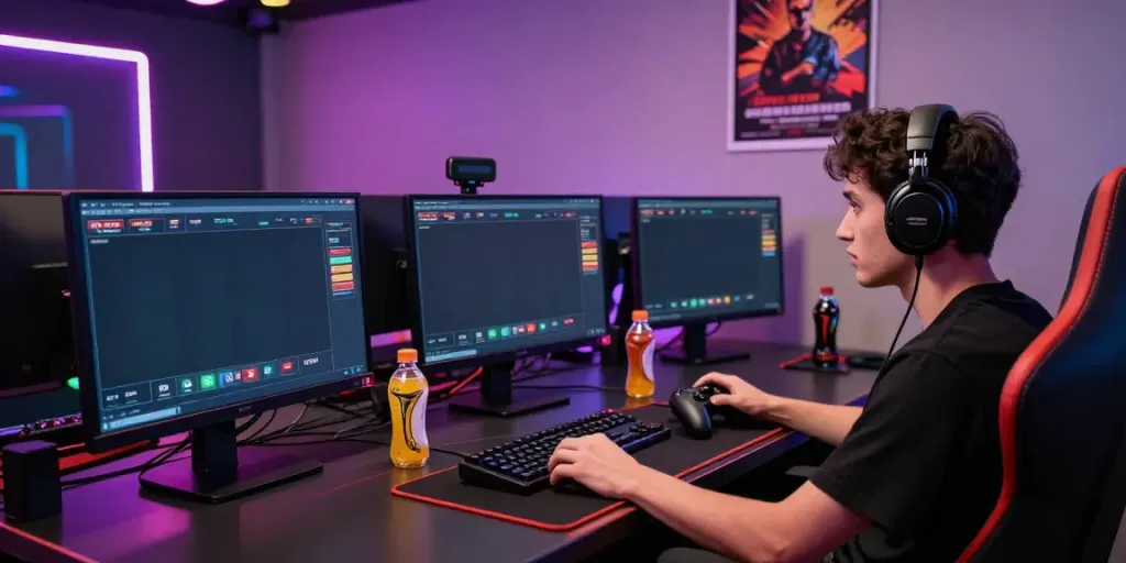 Pemain ratutogel sedang bermain di meja gaming dengan monitor yang menampilkan taruhan langsung.