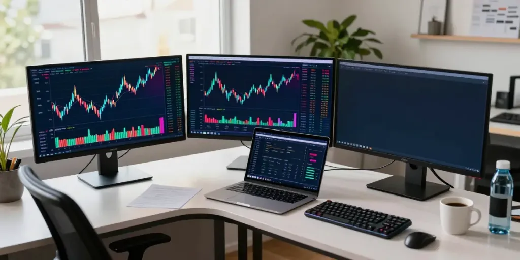 Real-time stock data API displayed on monitors in a modern trading workspace with cryptocurrency elements.