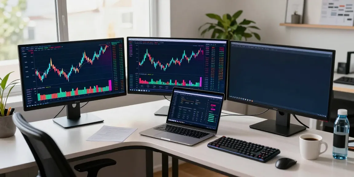 Real-time stock data API displayed on monitors in a modern trading workspace with cryptocurrency elements.