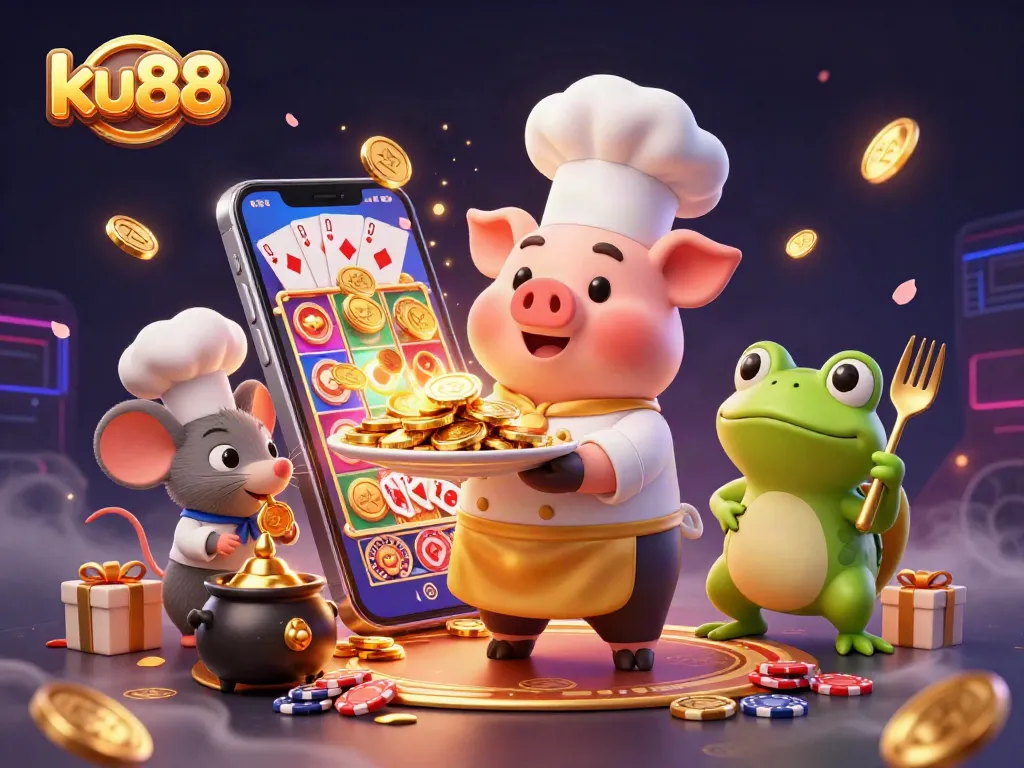 ku88 showcases exciting casino action with gold coins and vibrant game elements in a celebratory scene.