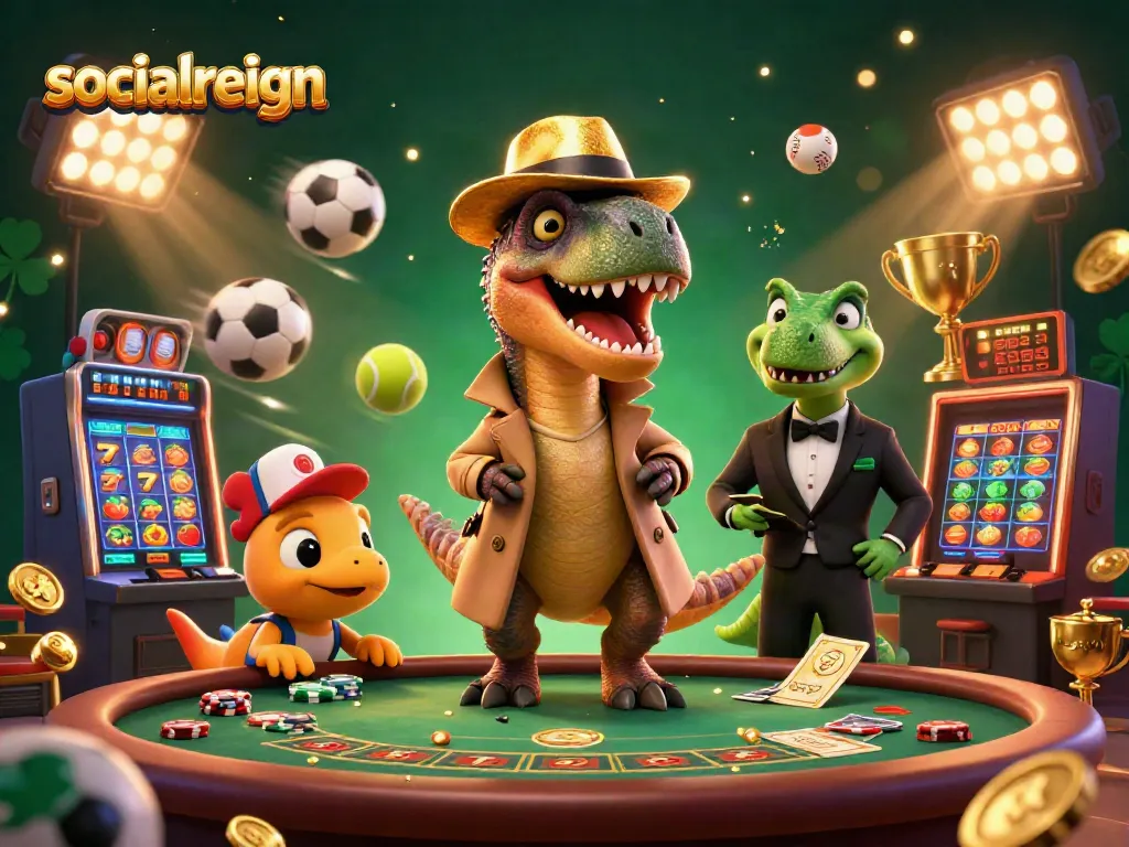 socialreign showcases a 3D velociraptor card counter at a vibrant casino scene with dynamic elements.