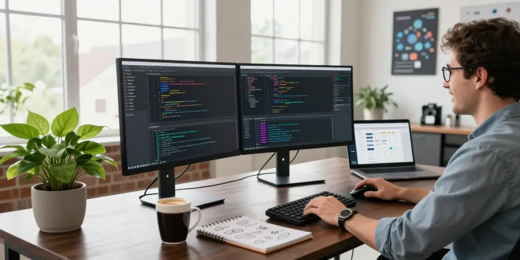 Pengembang perangkat lunak menggunakan PGserver di ruang kerja modern dengan monitor besar dan kopi.