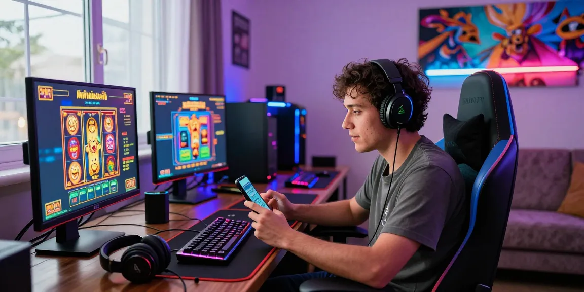 Engaging online gaming atmosphere featuring a player immersed in situs888 gacor, showcasing vibrant slot games and modern gaming setup.